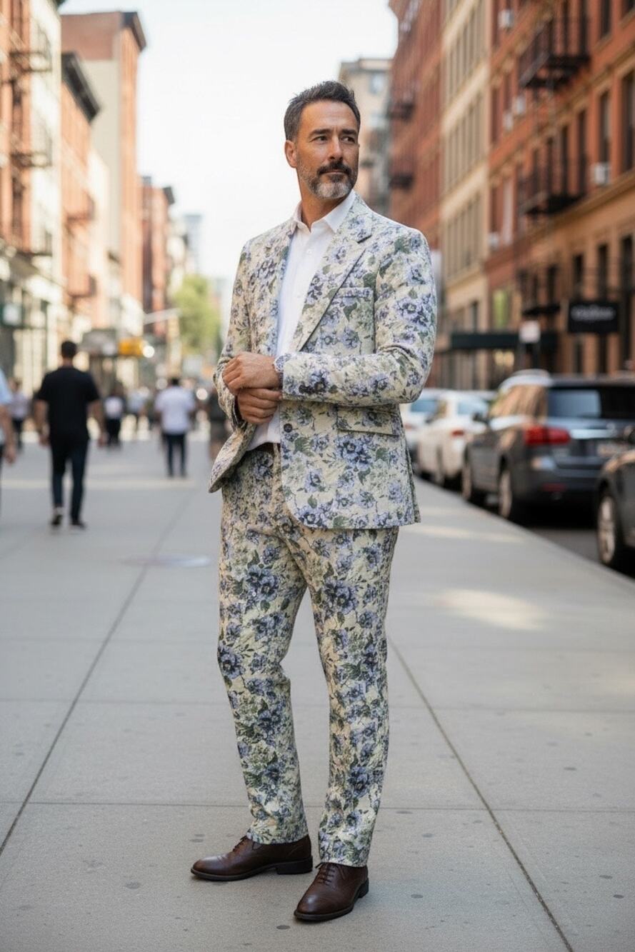 Mens XL Manfinity Floral Jacquard 2 Piece Suit Cream Blue Wedding Fit